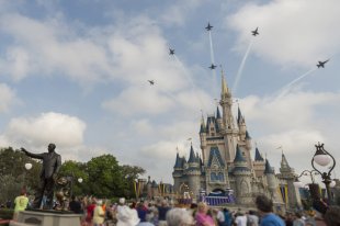 U.S. Navy Blue Angels Soar Above Cinderella Castle At Walt Disney World Resort